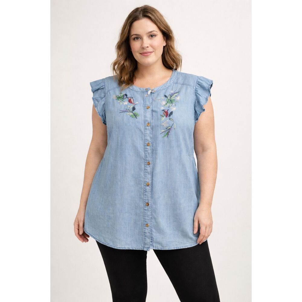 Melissa McCarthy Seven7 2X Chambray Embroidered Tunic Top NWT